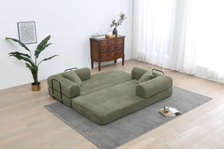 Convertible Sleeper Sofa Bed with Cylindrical Pillow - Corduroy Folding Mattress Couch with Fixed-Shape Frame for Living Room, Bedroom, Lounge, Studio - Light Green Dweva