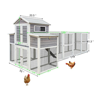 150" Extra Large Chicken Coop – Outdoor Wooden Hen House with Black Rust-Proof Metal Wire, 2 Nesting Boxes, 5 Perches for Poultry, Secure and Durable Chicken Cage Dweva