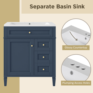 30'' Bathroom Vanity with Top Sink, Modern Bathroom Storage Cabinet with 2 Drawers and a Tip-out Drawer, Single Sink Bathroom Vanity (Same as SW000122AAC-1) Dweva