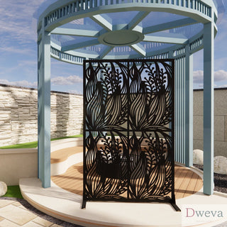 Metal Privacy Screens W3.8Ft X H6Ft Outdoor and Indoor Divider with Free Standing Decorative Privacy Screen for Balcony Patio Garden Room Divider, Black Leaf Shape Dweva