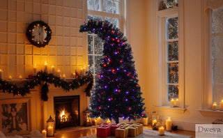 6FT Artificial Christmas Tree with LED Light, Pre-Lit Curved Shape Artificial Whimsical Xmas Tree with 900 Tips, Black Christmas Tree Dweva