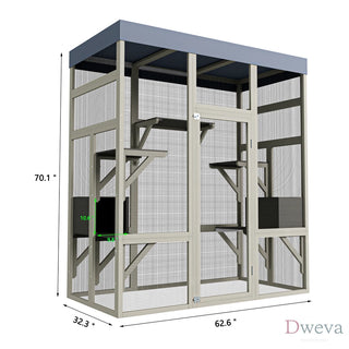 62.6" Outdoor Wooden Catio for Cats, Large Cat Enclosure with Waterproof Roof, 2 Cat Houses & Platforms, Secure Rust-Proof Wire Pet Cage for Patio or Backyard Dweva