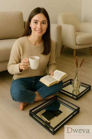 Handcrafted Glass With Metal Frame Serving Tray - 20x20x3 Inches | Rustic & Elegant Design for Entertaining-Set of 2 Dweva