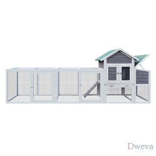 Gray Wooden Chicken Coop Outdoor Hen House with Run, Waterproof Roof & Nesting Box, Rabbit Duck Poultry Cage with Perch, Sliding Tray, and Secure Locks Dweva