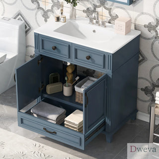 30'' Bathroom Vanity with Ceramic Sink,Solid Wood Frame Bathroom Storage Cabinet with Soft Closing Doors,Retro Style, Blue Dweva