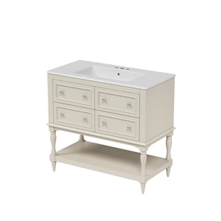 36" Bathroom Vanity Cabinet with Sink Combo Set, Undermount Ceramic Sink, Free Standing Vanity Set with 4 Drawers, Solid Wood Frame Bathroom Cabinet, Beige Dweva