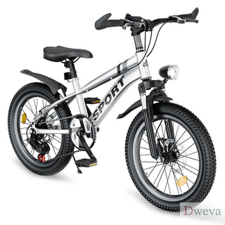FKZNPJ 24 Inch Kids Mountain Bike for Boys & Girls Ages 7-12 – 7-Speed Gears, Dual Disc Brakes, Shock Absorber Front Fork, LED Light – Silver & Pink Dweva