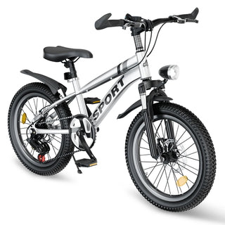 FKZNPJ 20 Inch Kids Mountain Bike for Boys & Girls Ages 7-12 – 7-Speed Gears, Dual Disc Brakes, Shock Absorber Front Fork, LED Light – Silver & Pink Dweva