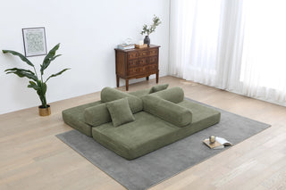 Convertible Sleeper Sofa Bed with Cylindrical Pillow - Corduroy Folding Mattress Couch with Fixed-Shape Frame for Living Room, Bedroom, Lounge, Studio - Light Green Dweva