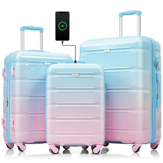 Luggage Set of 3, 20-inch with USB Port, Airline Certified Carry-on Luggage , ABS+PC Hard Shell Luggage with Spinner Wheels, light blue and pink Dweva
