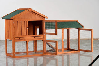 Large Wooden Rabbit Hutch, 2-Story Outdoor Bunny Cage with Waterproof Asphalt Roof, Pull-Out Tray & Ramp, Fir Wood Pet House for Rabbits, Chickens, Guinea Pigs (Brown & Green) Dweva