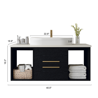 Modern 40-In Wall-Mounted Bathroom Vanity with Oval Ceramic Sink Floating Vanity Multi-Layer Solid Wood Cabinet Soft-Close Drawers Open Shelf Storage Dweva