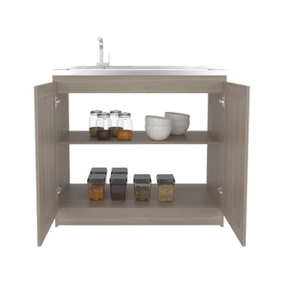 Zurich 39" Wide Utility Sink, Base Cabinet Two-Door Cabinet With Two Shelves, Stainless Steel Sink, Laundry Room, Garage Sink, Light Gray Dweva
