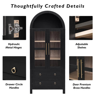 K&K 71" Tall Arched Kitchen Pantry Cabinet with 2 Large Drawers, Modern Farmhouse Kitchen Storage Cabinets with Adjustable Shelves, Glass Door, Wood Versatile Cupboard for Kitchens, Dining Room, Black Dweva