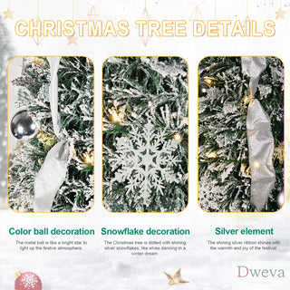 6FT Flocked Pop-Up Christmas Tree with 150 Warm White UL Lights – Pre-Decorated with Ornaments, Snowflakes, Ribbons & Large Bow – Easy Assembly & Space-Saving Holiday Décor Dweva