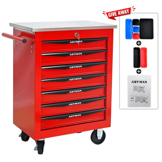 7 Drawers Multifunctional Tool Cart with Wheels,Metal Rolling Tool Cart Storage for Garage Workshop Warehouse Repair Shop--With Stainless Steel Roof- Red&Black Dweva
