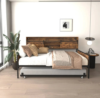 Twin Daybed with Trundle, Farmhouse Daybed Frame with Sliding Barn Door Headboard and Charging Station & LED Light for Bedroom and Guest Room, Rustic Brown Dweva