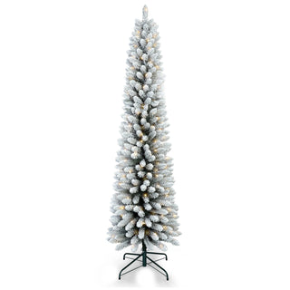5FT Flocked Pencil Christmas Tree with 100 Warm White LED Lights – Slim Snowy PVC Tree with 263 Tips, Metal Stand, Space-Saving Design, Easy to Set Up Dweva