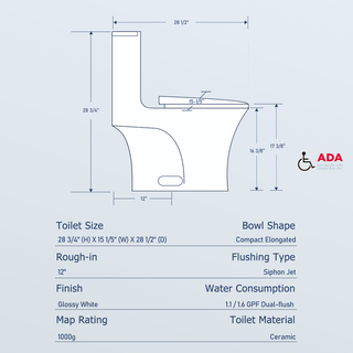 1.1/1.60 GPF Dual-Flush One Piece Toilet, Water-Saving Elongated Comfort Height Floor Mounted, Soft Closing Seat, 1000 Gram Map Flushing Score Toilet, Gloss White 24T02-GW Dweva