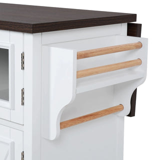 K&K 54.9" Kitchen Island with Drop Leaf, Power Outlet, Kitchen Storage Cart with 4 Door Shelves, Cross Barn Doors & Visual Glass Door, Rolling Kitchen Island on 4 Wheels for Kitchen, Dining Room,White Dweva