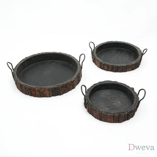 Cenecharl Handmade Round Mango Wood Decor & Serving Tray With Metal Handle-Black Dweva