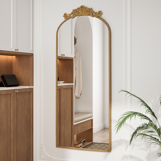 58"x24" Arched Full Body Mirror with Vintage Ornate Carved Applique on Top, Hanging Wall Mounted Mirror, for Living Room Bedroom Retro Home Decor Mirror, Bronze Dweva