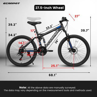 A2760 27.5 Inch Full Suspension Mountain Bike, Front and Rear Dual Shock Absorbers, Mechanical Disc Brakes, 21-Speed, Suitable for Men and Women, Ideal for Travel and Fitness Enthusiasts Dweva