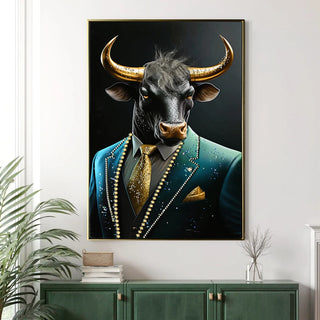 Executive Blue Buffalo Canvas Wall Art - Dapper Animal Portrait in Tailored Suit Modern British Humour Home Decor Premium Gallery Wrapped Artwork for Office Lounge Study Room decorative picture Dweva