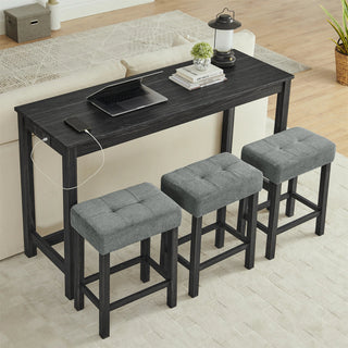 59 Inch Bar Table, Dining Table, Sofa Table with Power Outlet, 3 Upholstered Stools, 4 Piece Bar Table and Chair Set for Living Room, Dining Room, Kitchen Dweva