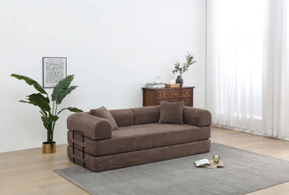 Convertible Sleeper Sofa Bed with Cylindrical Pillow - Corduroy Folding Mattress Couch with Fixed-Shape Frame for Living Room, Bedroom, Lounge, Studio - BROWN Dweva