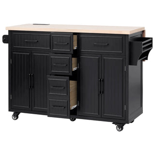 K&K 56.5'' Kitchen Island with Drop Leaf, Power Outlet, Embossed Vertical Stripe Rolling Kitchen Cart on Wheels with 4 Doors , 5 Deep Drawers and Adjustable Shelves, for Kitchen, Dining Room, Black Dweva