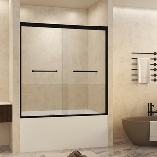 56-60" W × 60" H Tempered Glass with Explosion Proof Film, Aluminum Frame Double Sliding Shower Door, "1/4 (6 mm), Stainless Steel handle, Matte Black Dweva