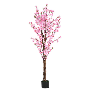 6' Artificial Peach Blossom Tree with Black Plastic Pot Dweva
