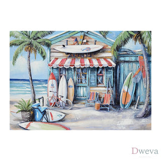 Blue Beach House Surfboard Coconut Tree Ocean Wall Art - Coastal Tropical Landscape Mural Print - Vibrant Seaside Decor for Living Room Bedroom Office decorative picture Dweva