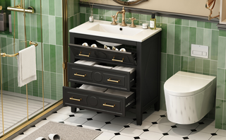 30'' Bathroom Vanity with Ceramic Sink Combo, Free Standing Single Vanity Set with 3 Drawers, Solid Wood Frame Bathroom Storage Cabinet, Black Dweva
