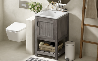 16" Bathroom Vanity Sink Combo for Small Space, Bathroom Sink Cabinet with Rectangular Ceramic Basin, Bathroom Vanities Cabinet with 1 Door and 1 Open Shelf Dweva
