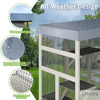 62.6" Outdoor Wooden Catio for Cats, Large Cat Enclosure with Waterproof Roof, 2 Cat Houses & Platforms, Secure Rust-Proof Wire Pet Cage for Patio or Backyard Dweva