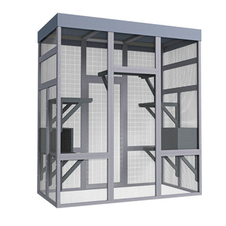 62.6" Wooden Outdoor Catio for Cats, Large Cat Enclosure with Waterproof Roof, 2 Napping House, Platforms & Rust-Proof Wire – Secure Pet Cage for Backyard or Patio Dweva