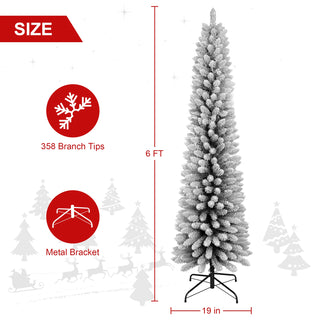 6FT Flocked Pencil Christmas Tree – Slim PVC Tree with 358 Snowy Tips, Space-Saving Design, Realistic Snow Effect, Sturdy Metal Stand, Easy Setup Dweva