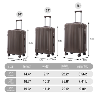 20"/24"/28" 3 pcs/set in ABS Spinner Wheel Luggage, Carry on Suitcase, Matching Color, TSA Combination Lock (Brown) Dweva