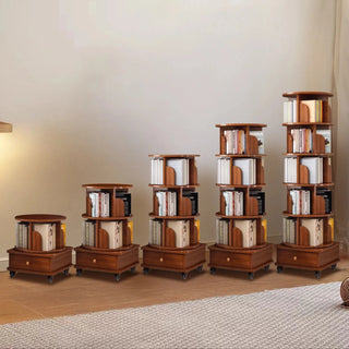 (UPGRADED) Rotating Bookshelf, 360 Display Corner Bookshelf for Small Space, 6 Tier Bookcase Storage Rack with Wheels, Wood Narrow Organizer for Bedroom, Living Room, Study Room, Walnut Brown, Shelves Dweva