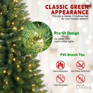6FT Green Pencil Christmas Tree with 150 Warm White LED Lights – Slim PVC Tree with 358 Tips, Compact Design, Stable Metal Stand, Easy to Assemble Dweva