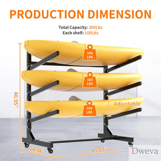 41"H Freestanding Kayak Storage Rack – Holds 3 Kayaks, Heavy-Duty Adjustable Stand with Lockable Wheels for Kayak, Canoe, SUP & Surfboard, 45.87"W*28.94"D*41"H Dweva
