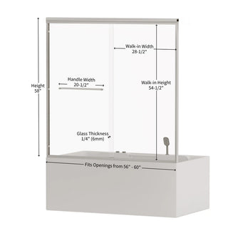 56"-60" W x 58" H Double Sliding Bathtub Shower Door, Semi-Frameless Bypass Tub Door, 1/4" (6mm) Tempered Glass with Explosion-Proof Film, Adjustable Aluminum Alloy Frame, Brushed Nickel 24D03-T60BNX Dweva