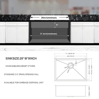28 Inch Undermount Sink - 28" x 18" x 9" Undermount Stainless Steel Kitchen Sink 16 Gauge 9 Inch Deep Single Bowl Kitchen Sink Basin, Includes Drain Assembly (No Additional Accessories) Dweva