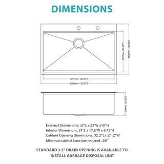 33" Drop in Gold Kitchen Sink - 33 x 22 x 10 inch Kitchen Sink Drop-in Topmount Single Bowl 16 Gauge Stainless Steel Ledge Workstation Kitchen Sinks Dweva