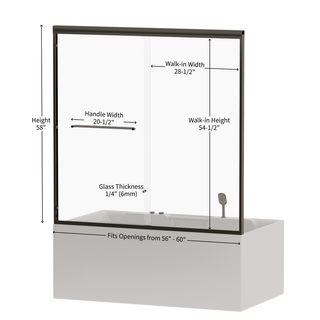56"-60" W x 58" H Double Sliding Bathtub Shower Door, Semi-Frameless Bypass Tub Door, 1/4" (6mm) Tempered Glass with Explosion-Proof Film, Adjustable Aluminum Alloy Frame, Matte Black 24D03-T60MBX Dweva