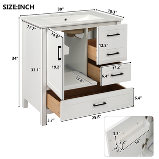 30" White Bathroom Vanity with Sink Combination Set, Bathroom Storage Cabinet with Soft Close Door, 3 Soft Close Drawers and Removable Tray, Solid Wood Frame Dweva