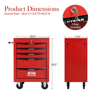 Rolling Metal Tool Chest with 5 Drawers, 20" 5-Drawer Tool Chest Cabinet with Ball Bearing Drawer Slides, Steel Tool Storage Box Organizer -Red&Black Dweva