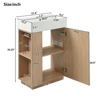 21.6" bathroom vanity with ceramic sink, freestanding modern right door wood grain cabinet with open and closed storage for small bathrooms